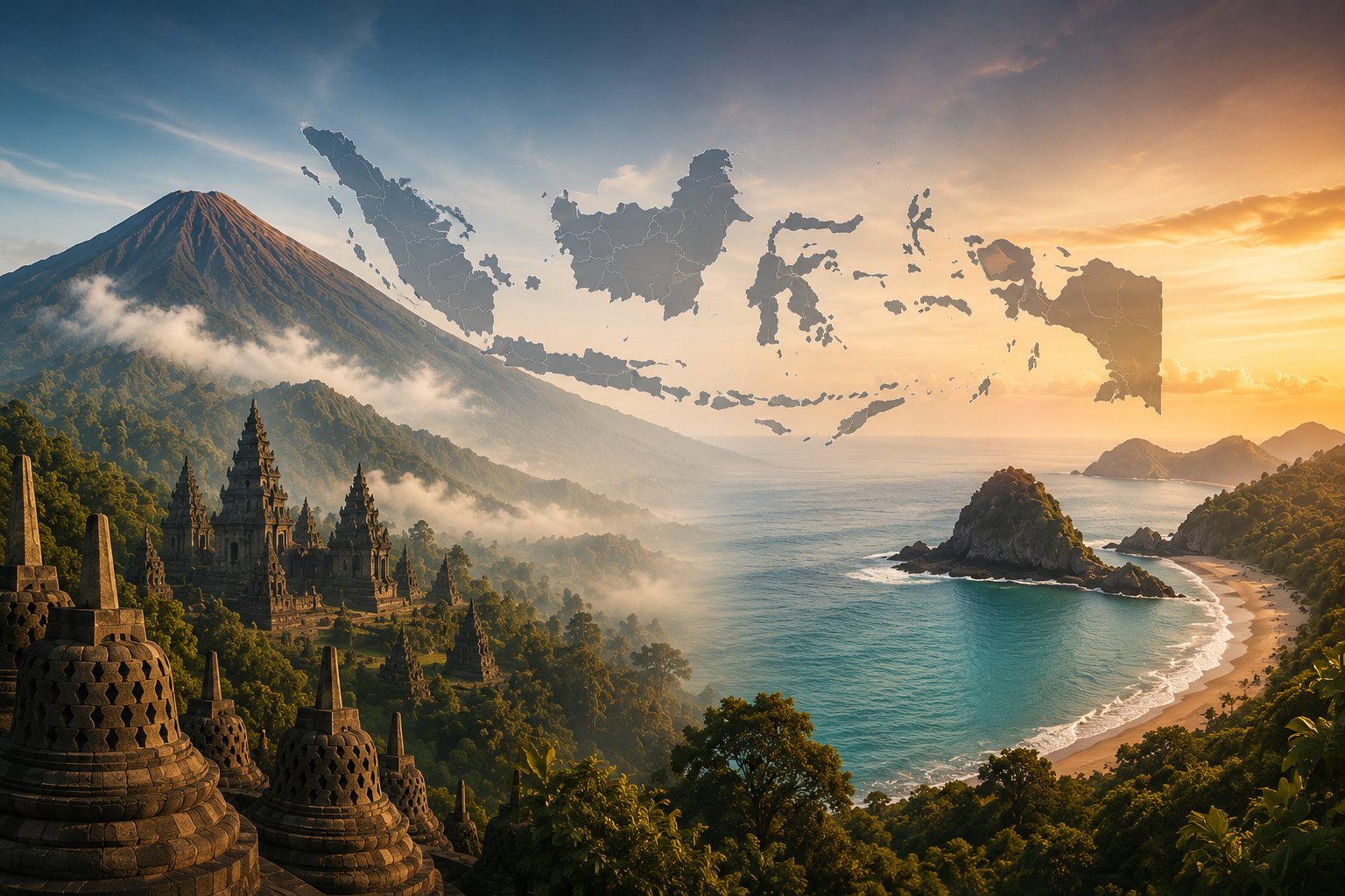 Panorama candi, gunung, dan pantai Indonesia